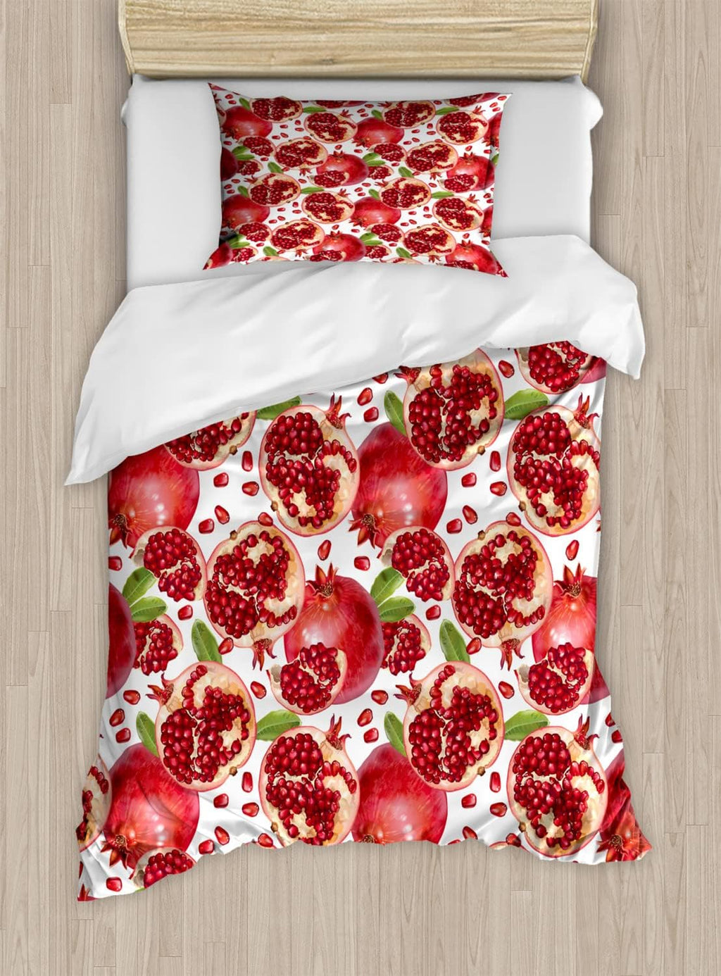 Ambesonne Harvest Duvet Cover Sets, Exotic Tropical Pattern Complete and Peeled Pomegranates Image with Leaves, Bedding Set with 2 Duvet Covers & 4 Pillowcases, 2 Pack Queen Size, White and Vermilion