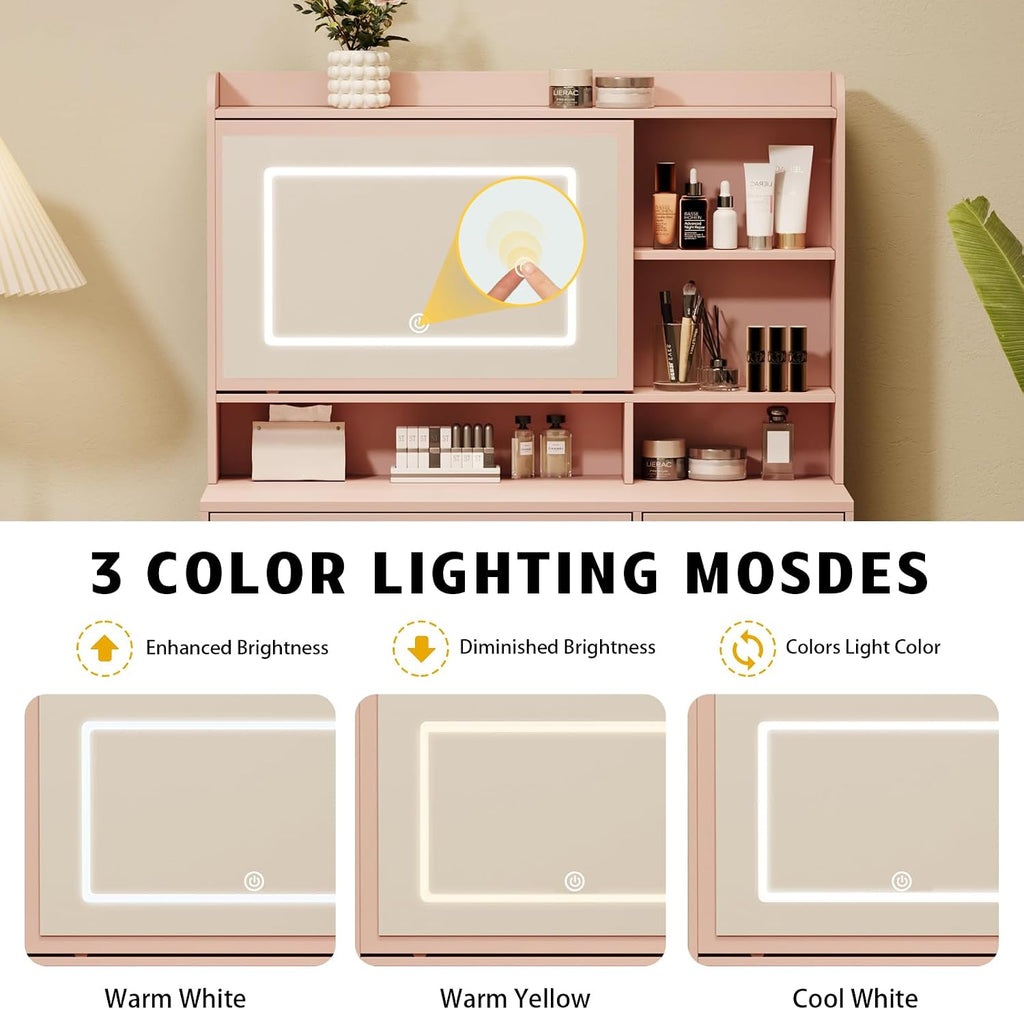 Viaozutis Vanity Desk with a Mirror and Lights，with Chair and Four Drawers, Three Adjustable Lighting Modes，with Power Outlet and Sliding LED Mirror,Bedroom Vanity Desk (Pink)