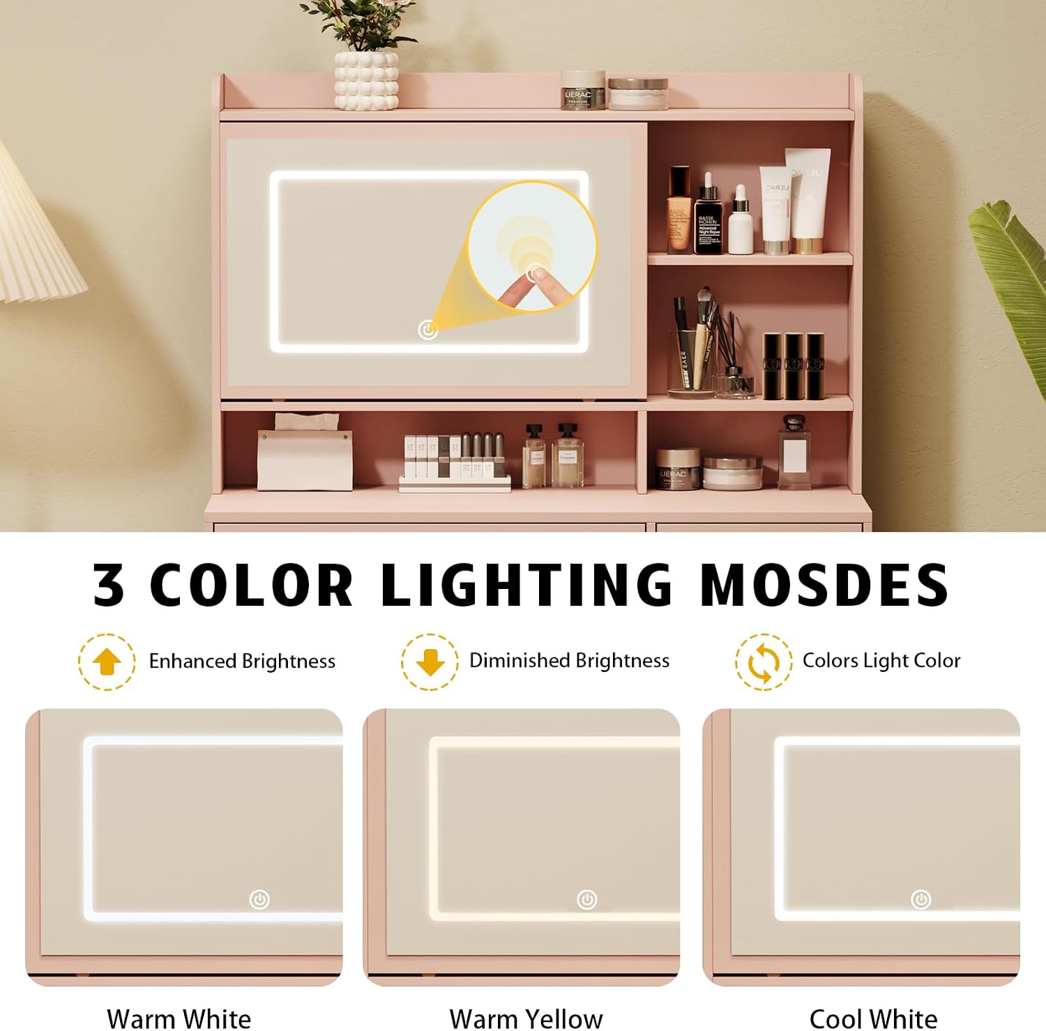 Viaozutis Vanity Desk with a Mirror and Lights，with Chair and Four Drawers, Three Adjustable Lighting Modes，with Power Outlet and Sliding LED Mirror,Bedroom Vanity Desk (Pink)