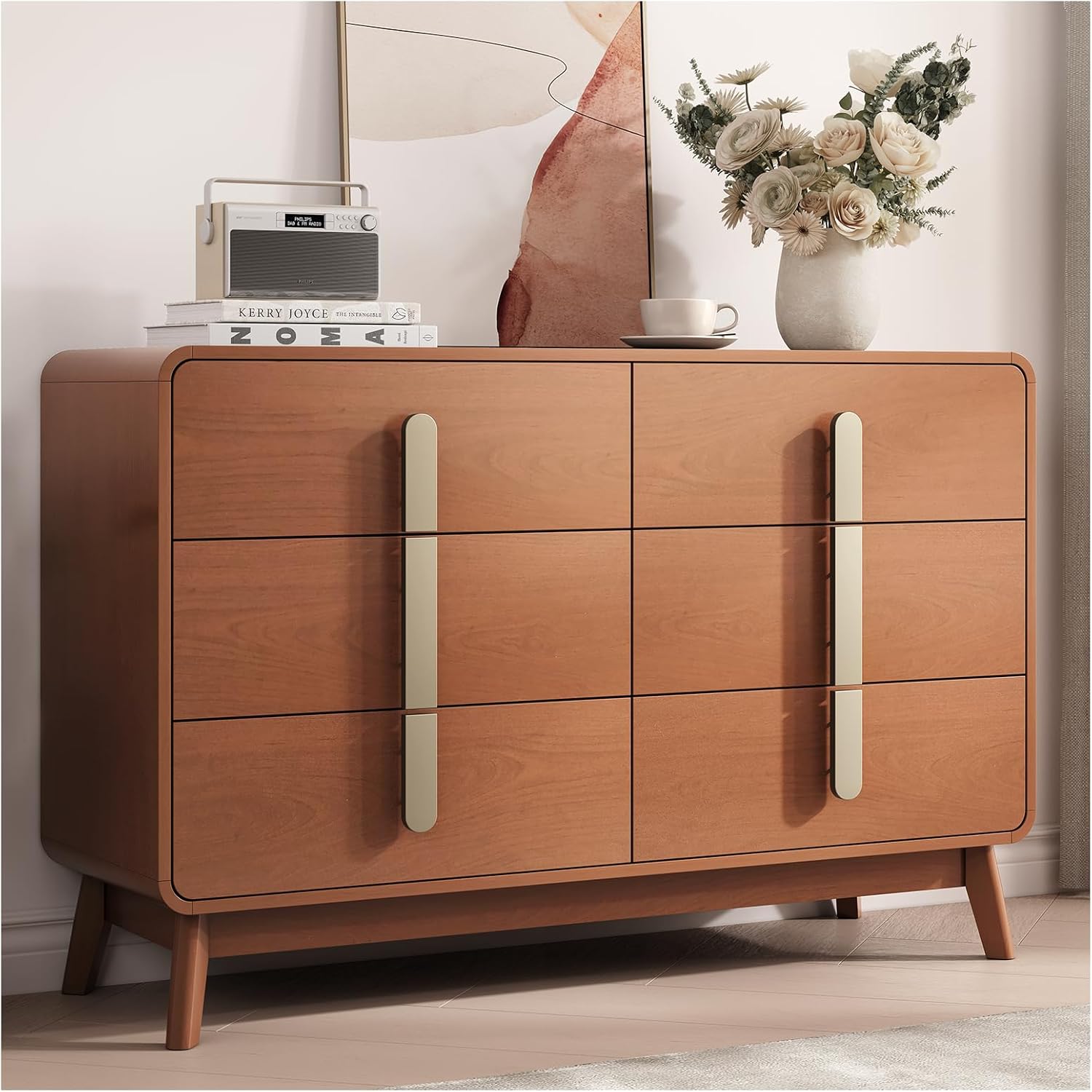 JOINICE Dresser for Bedroom with 6 Drawers,Mid Century Modern Dresser with Storage,47' Wide Chest of Drawers with Metal Handles,Large Wood Drawer Organizer for Bedroom,Living Room,Hallway,Cherry