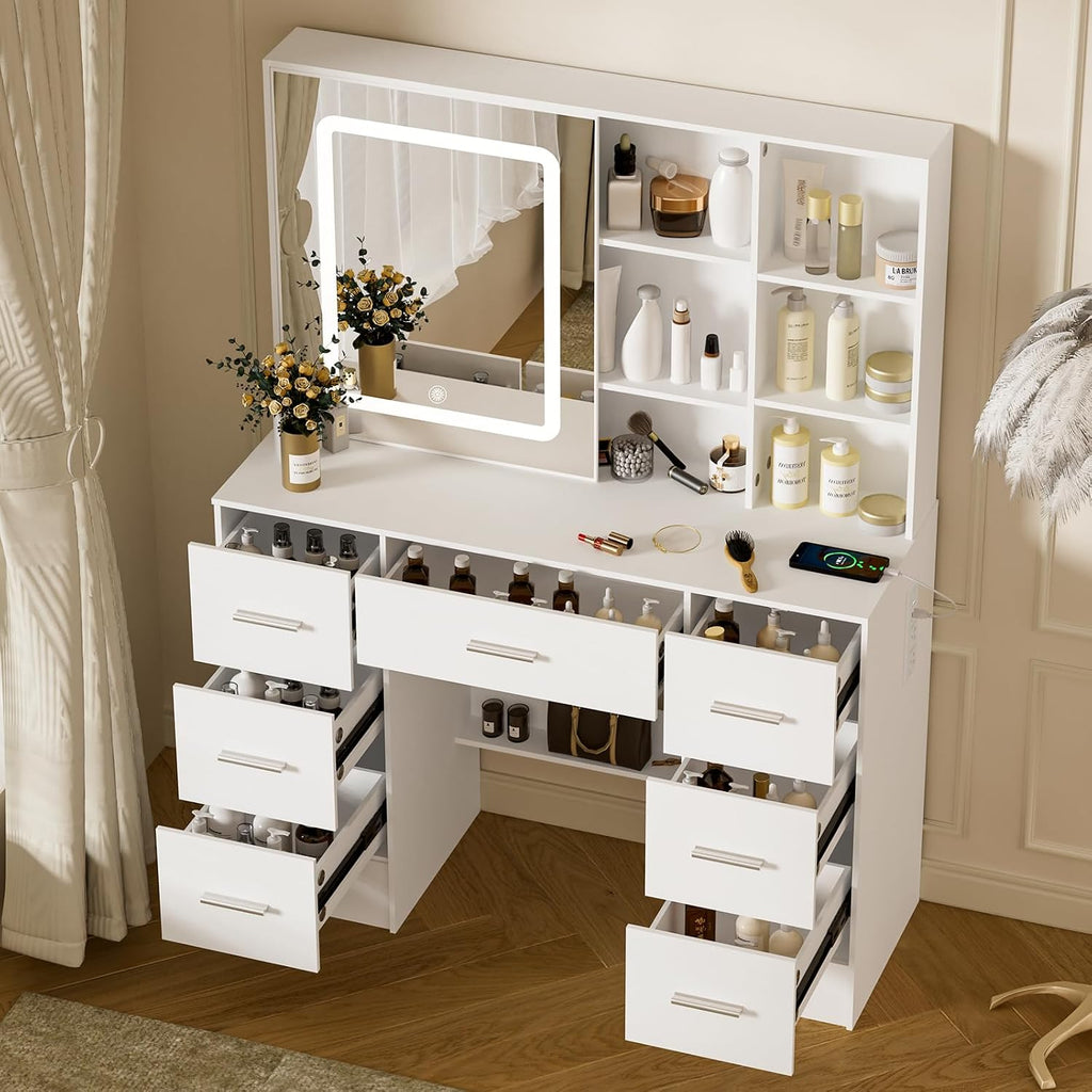 Makeup Vanity Desk with Mirror and Lights, Makeup Vanity Table, White Makeup Desk with 7 Drawers & Storage Shelves, 3 Color Modes Adjustable, Vanity Set with Mirror, Dressing Table for Bedroom