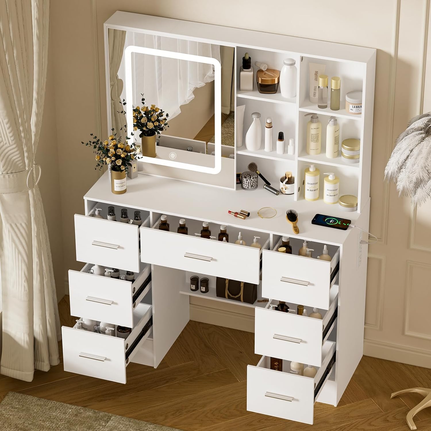 Makeup Vanity Desk with Mirror and Lights, Makeup Vanity Table, White Makeup Desk with 7 Drawers & Storage Shelves, 3 Color Modes Adjustable, Vanity Set with Mirror, Dressing Table for Bedroom
