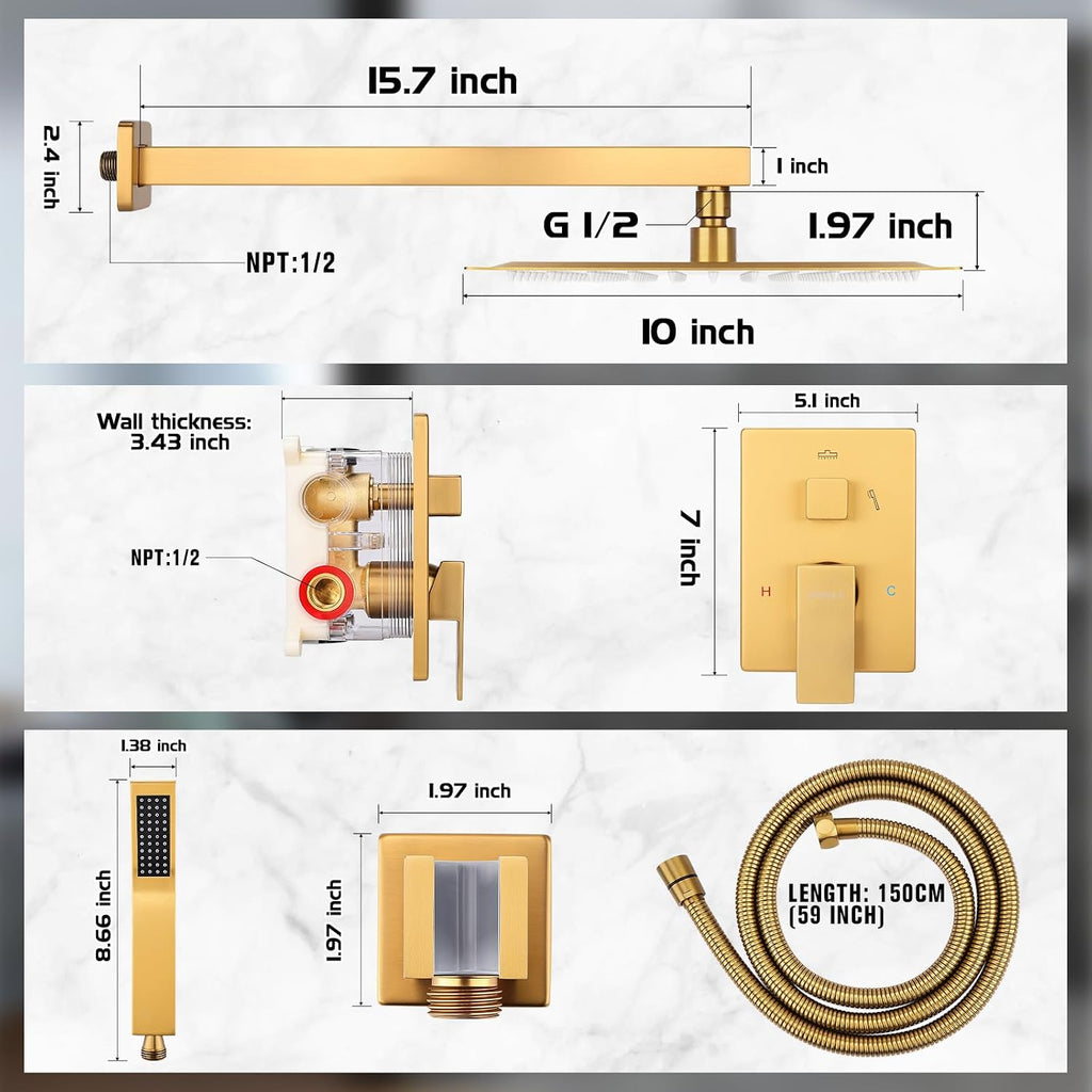 Rainfall Shower System - Wall Mounted Complete Combo with Solid Brass Pressure Balancing Valve, High Pressure Shower Head, Handle Set & Installation Accessories Brushed Gold 10'+Handheld Spray