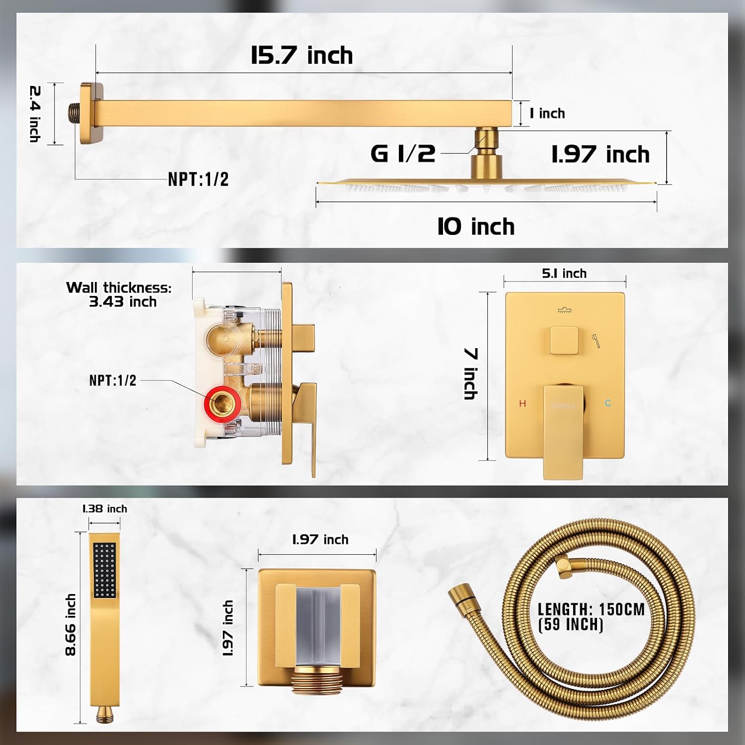 Rainfall Shower System - Wall Mounted Complete Combo with Solid Brass Pressure Balancing Valve, High Pressure Shower Head, Handle Set & Installation Accessories Brushed Gold 10'+Handheld Spray
