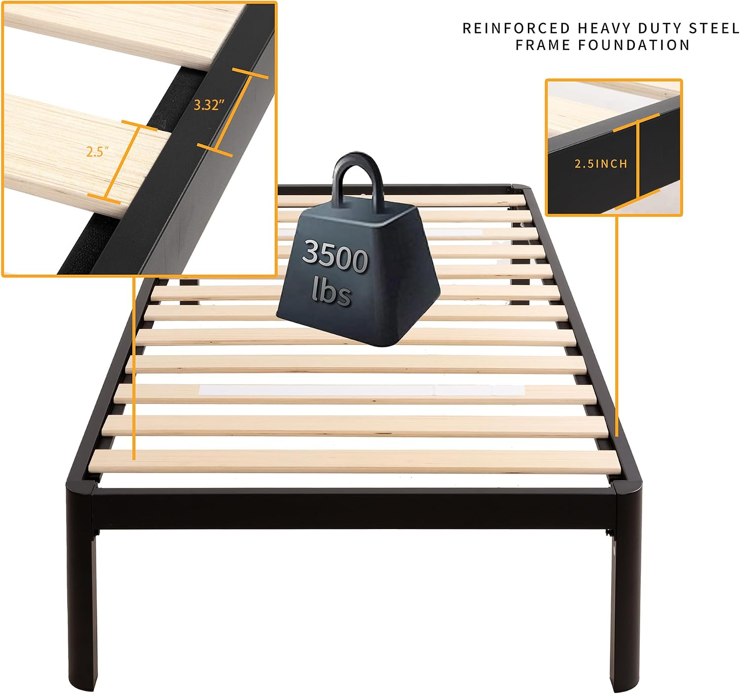 MAF Metal 18 Inch Twin Platform Bed Frame with Anti-Collision Round Legs, Black 3500 Lbs Heavy Duty Bed Frame with Wood Slats, No Box Spring Needed, Easy Assembly