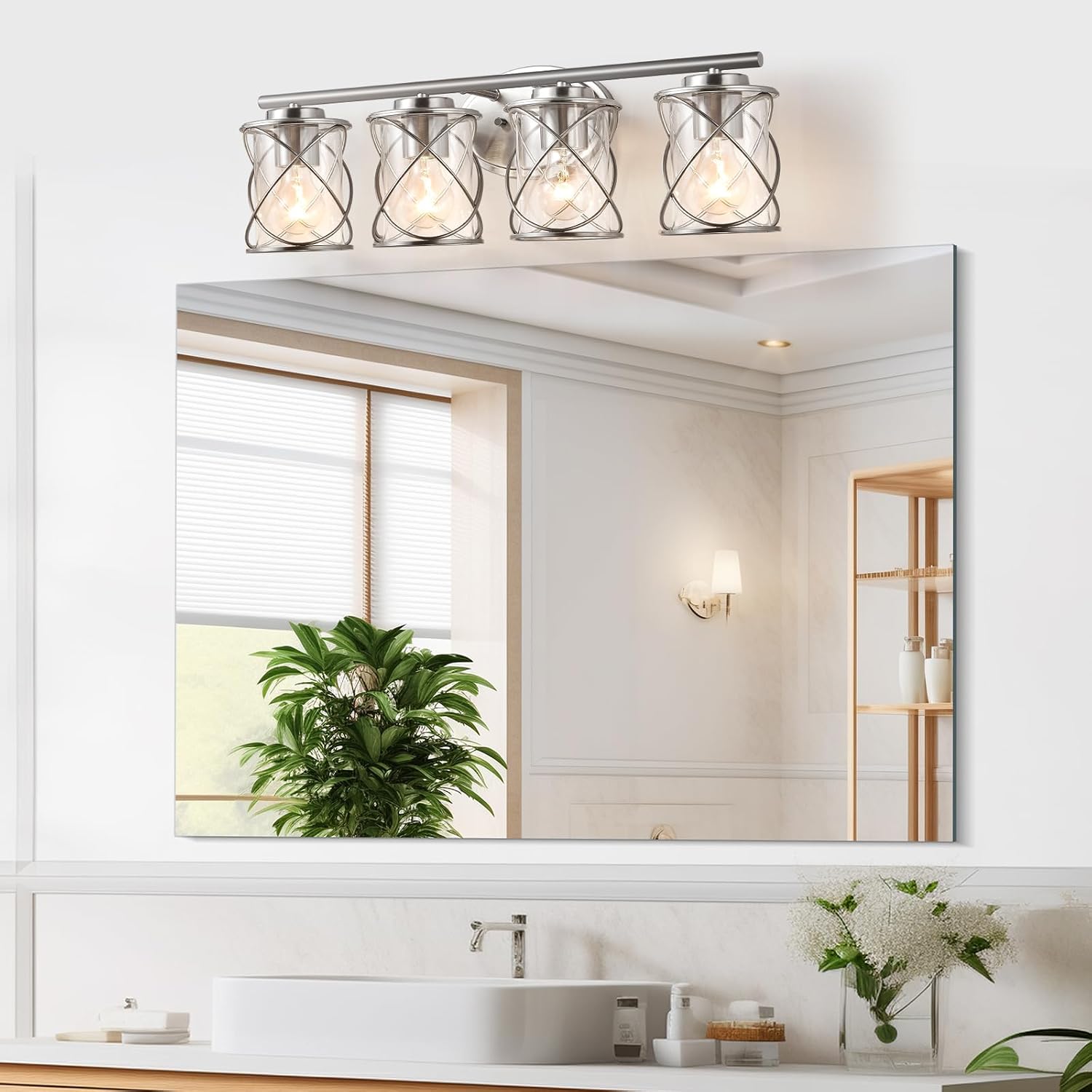 mavcadonf Bathroom Vanity Light Fixtures Over Mirror, 4 Lights Modern Bathroom Wall Lamp for Mirror Kitchen Living Room Hallway Cabinet Porch, Farmhouse Wall Lights with Cage Shade, Brushed Nickel