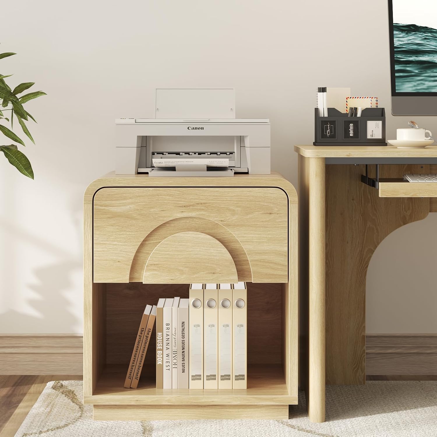 Bestier Night Stand Set of 2, 23.6' H Curved Nightstand with Charging Station, Farmhouse Bedside Table with Drawer & Open Shelf, Arched & Curved Nightstand, Solid Wood End Table for Bedroom, Natural