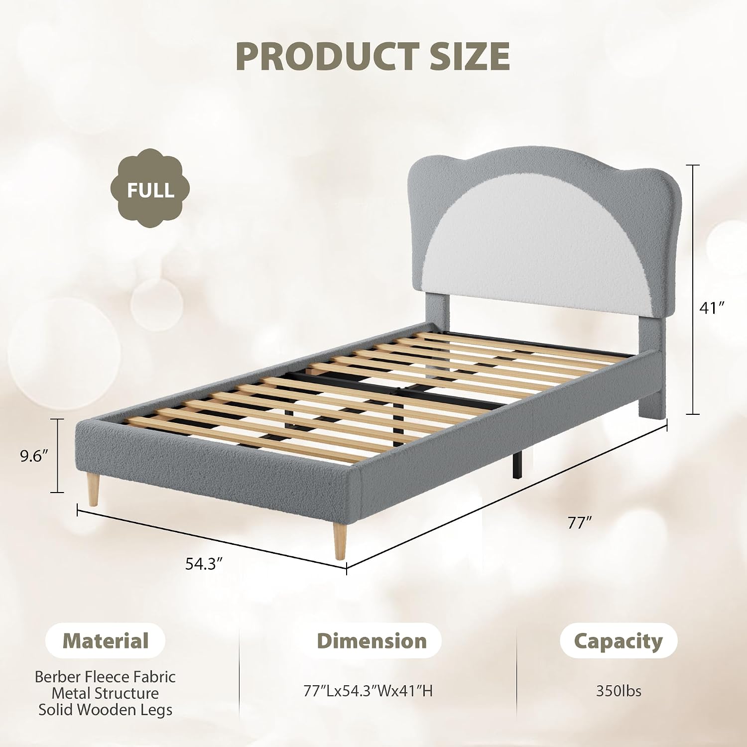 GarveeHome Full Size Bed Frame for Kids - Cute Velvet Princess Platform Bed with Upholstered Headboard for Girls/Boys, Solid Wood Slats Support, No Box Spring Needed, Gray + White