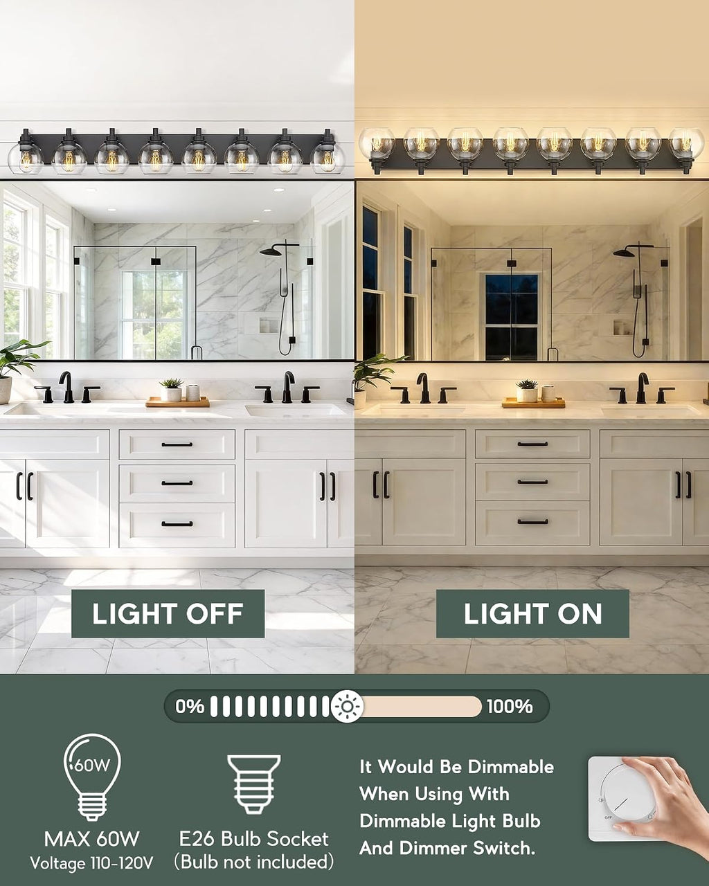 8-Light Bathroom Light Fixtures, Matte Black Vanity Light, 52 Inch Modern Wall Sconces with Globe Clear Glass Shade, Vanity Lighting Fixtures Over Mirror, VL195-MB-8