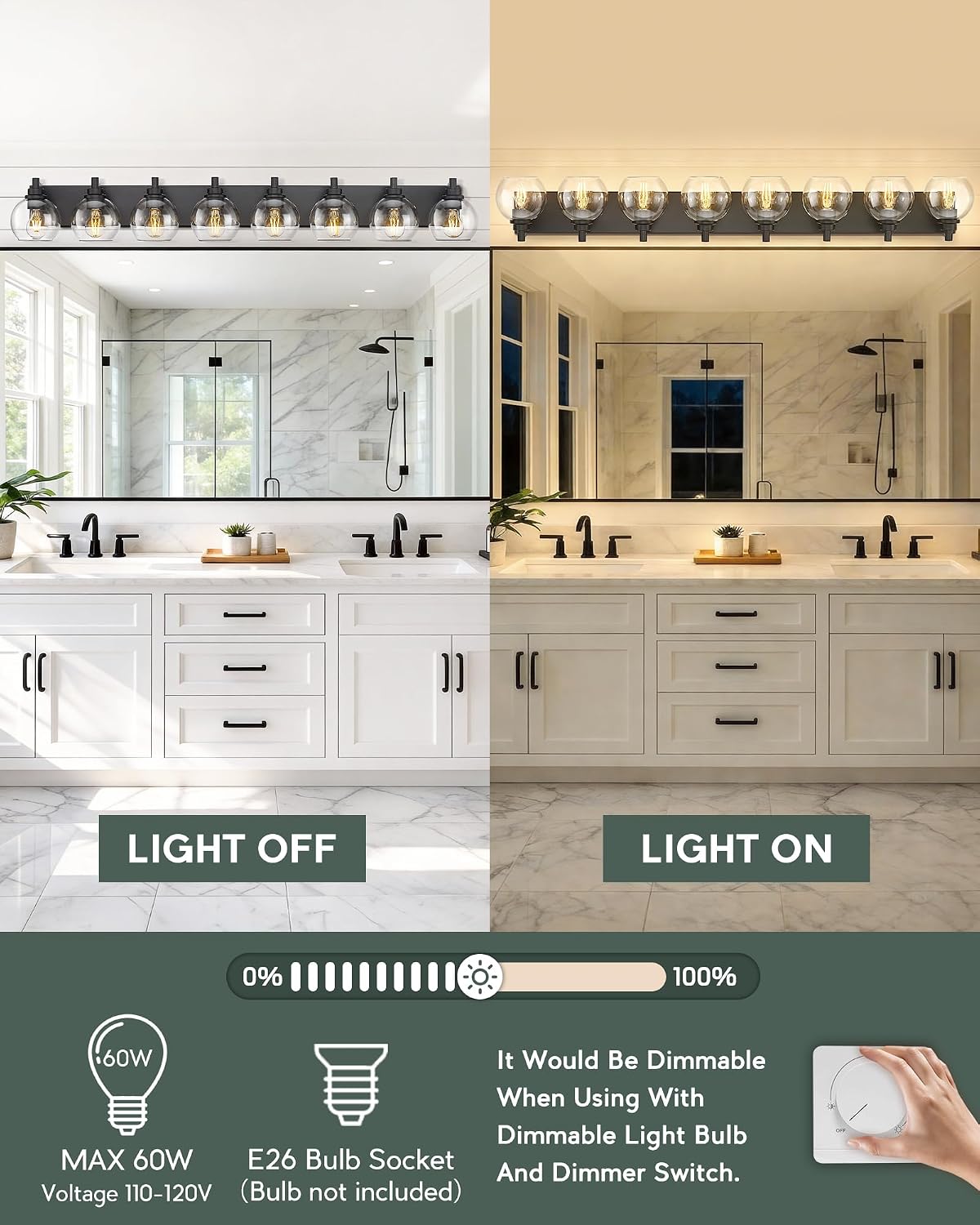 8-Light Bathroom Light Fixtures, Matte Black Vanity Light, 52 Inch Modern Wall Sconces with Globe Clear Glass Shade, Vanity Lighting Fixtures Over Mirror, VL195-MB-8