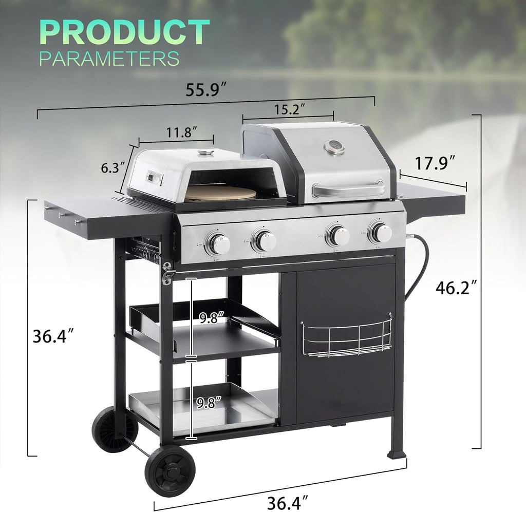 2+2 Multi function Burner Gas Grill and Griddle Combo with Cover for Outdoor Cooking While Camping or Tailgating BBQ,FRYING,PIZZA.