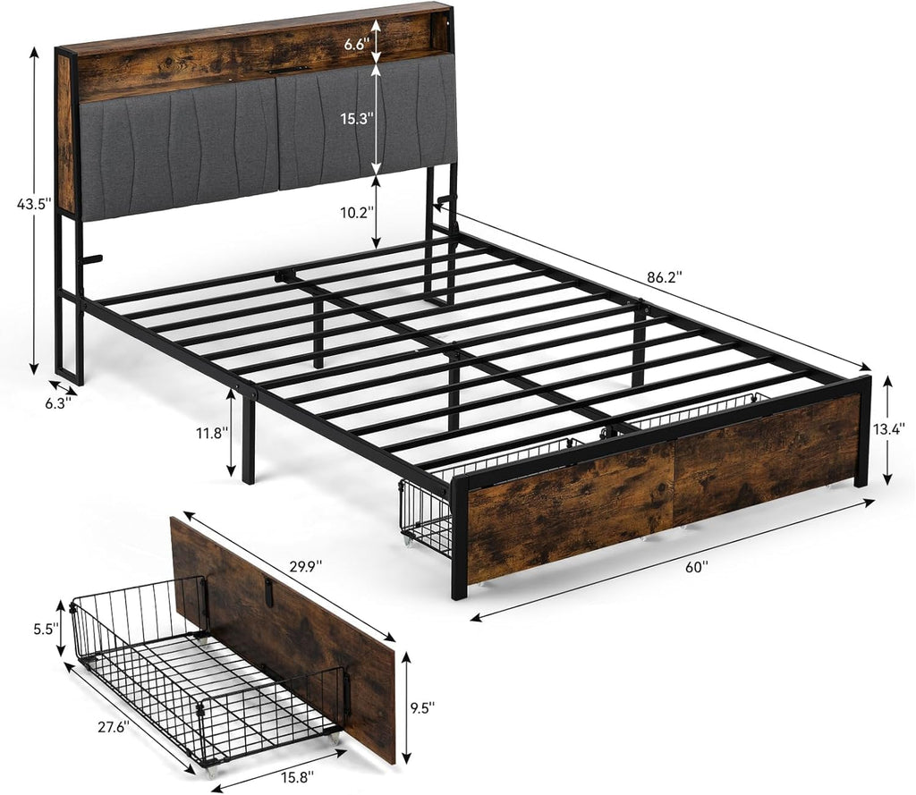 COMHOMA Queen Size Platform Bed Frame with LED Lights and Charging Station, Storage Headboard and Footboard Drawers, No Box Spring Needed, Rustic Wood Look