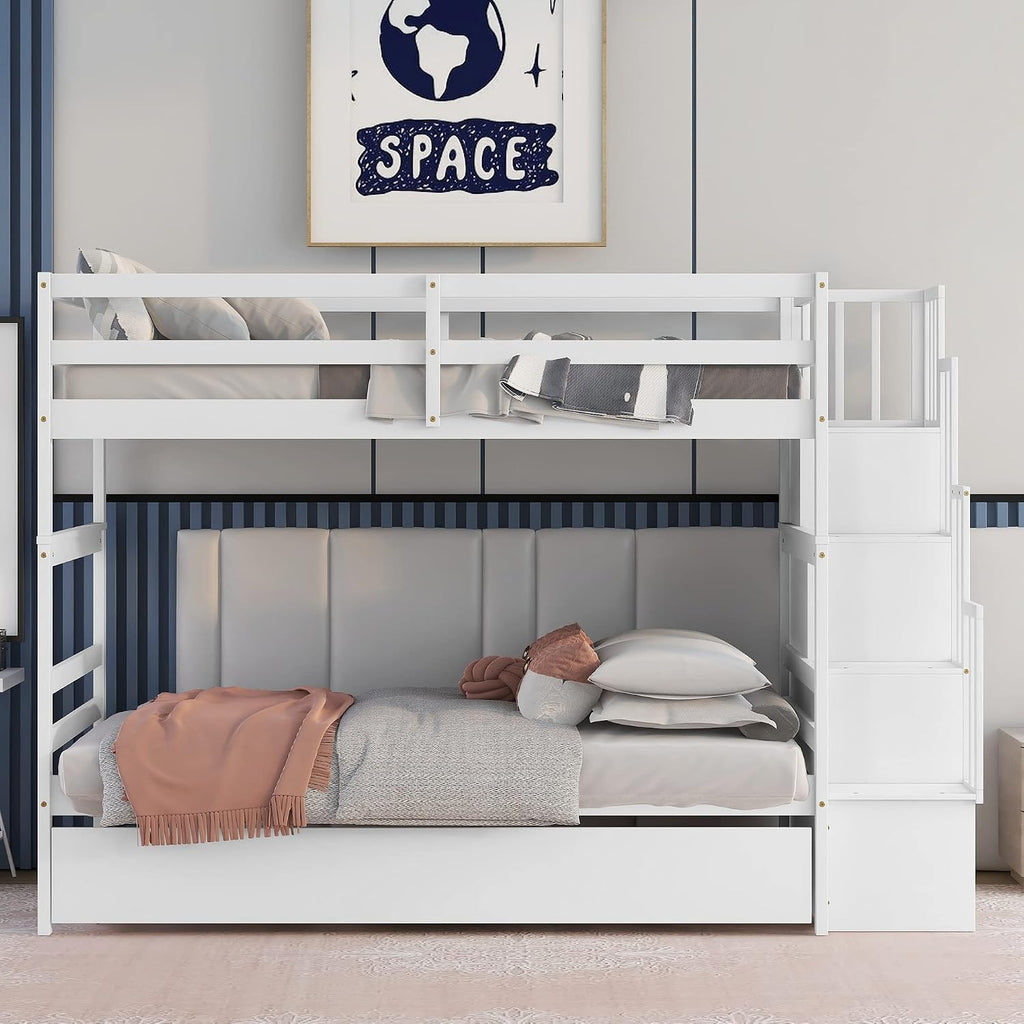 Ball & Cast Twin Over Twin Bunk Beds with Trundle,Wood Bedframe W/Safty Guardrail & Stairway Storage,No Box Spring Needed,Easy Assembly,Multiple Functional Bedroom Furniture for Boy Girl Teens,White