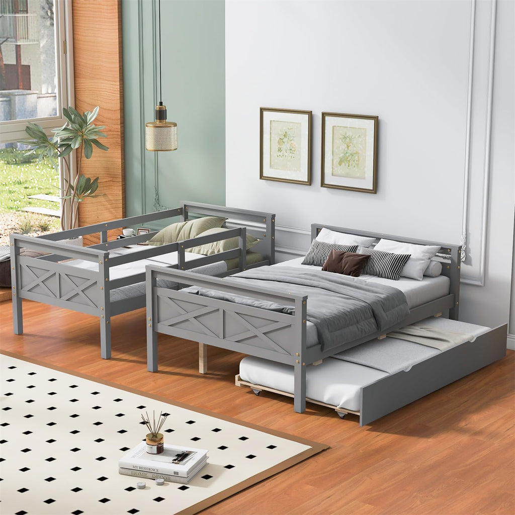 Merax Trundle Bunk Bed, Twin Over Full Wood Bunk Bed with Twin Size Trundle and Ladder, 3-in-1 Convertible to 2 Separate Beds, Solid Wood Frame with Guardrai, Grey