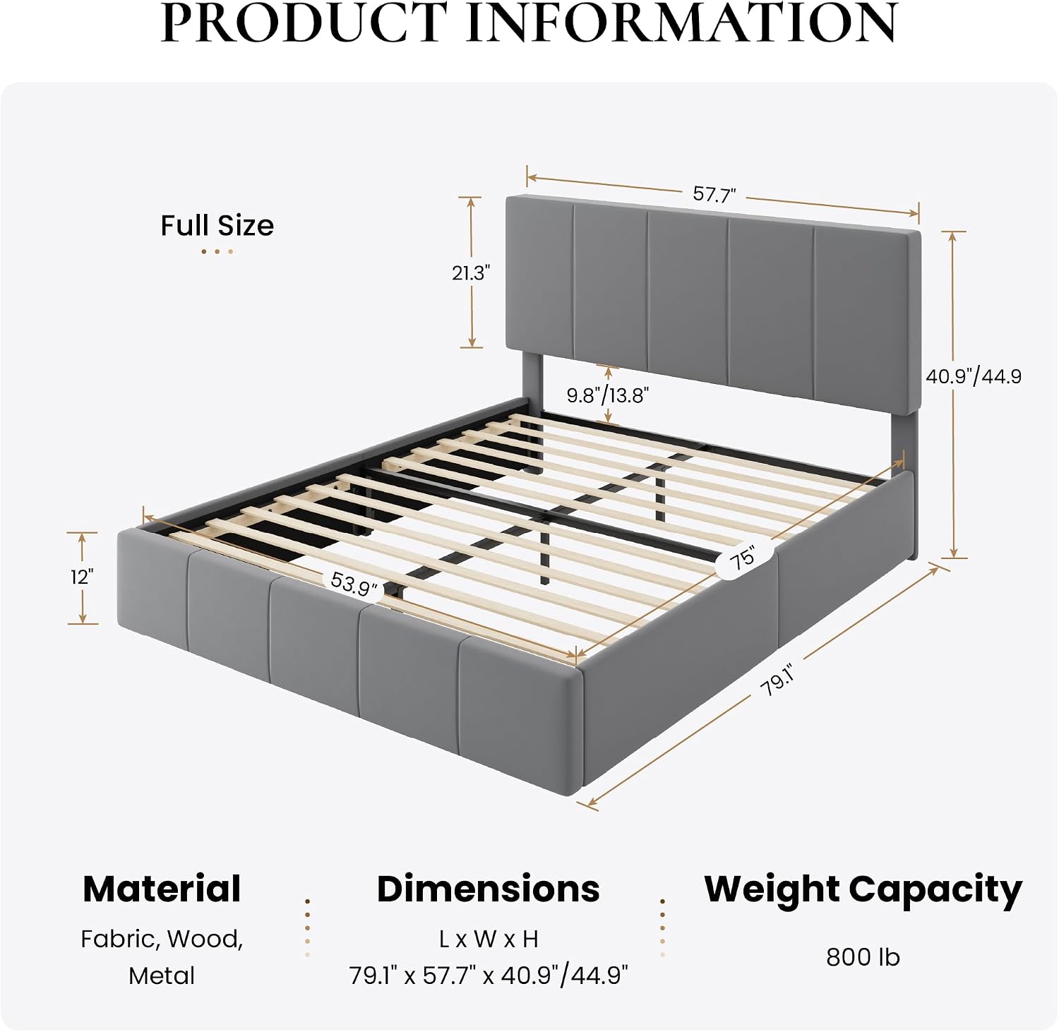 SHA CERLIN Full Size Bed Frame, Velvet Upholstered Platform Bed, Vertical Channel Tufted Adjustable Headboard, Low Profile Bed Frame, No Box Spring Needed, Easy Assembly, Grey