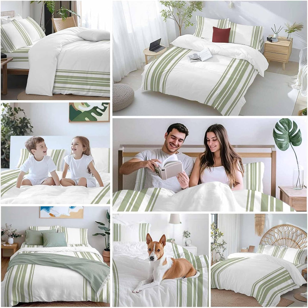 Sage Green and White Striped Duvet Cover Set Queen Size 4 Pieces Modern Minimalist Vertical Lines Bedding Set with Zipper Closure, 1 Comforter Cover 90x92 Inches 1 Flat Sheet & 2 Pillow Cases