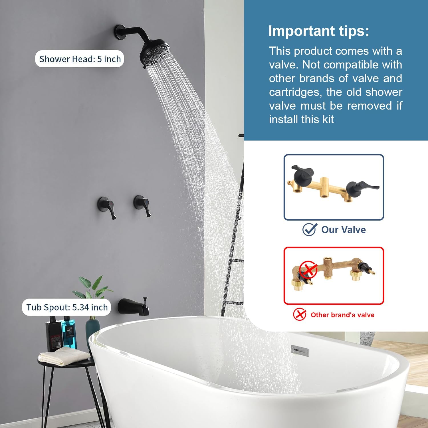 2 Handles Shower Faucet Set with Tub Spout Bathtub Shower Faucet Combo Set Shower System Complete Tub and Shower Trim Kit Wall Mounted Shower Fixtures Matte Black