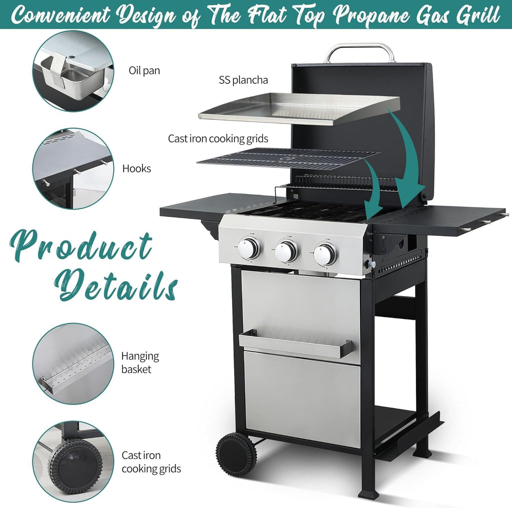 3 Burner Propane Gas Grill with Foldable Side Tables & Lid, 30,000 BTU Outdoor BBQ Grill for Backyard Patio - Stainless Steel Plancha & Cast Iron Cooking Grids Combo