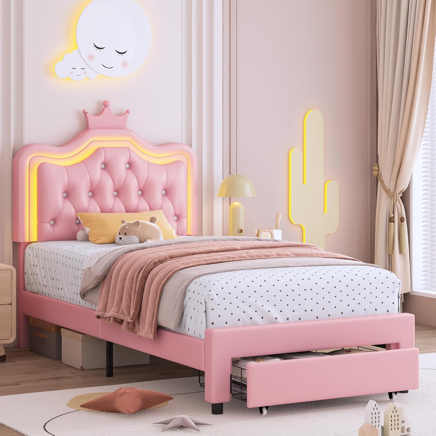 Keyluv 2 Set Twin Upholstered LED Bed Frame with Storage Drawer for Kid, Leather Princess Platform Bed with Adjustable Crystal Button Tufted Crown Headboard, Solid Woode Slats Support, Pink