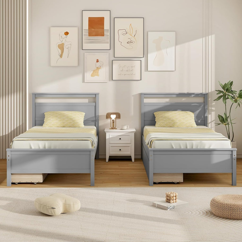 Giantex Wood Twin Bed with 2 Storage Drawers, Solid Wood Platform Bed with Headboard, Single Bed Wooden Slats Support, No Spring Needed, Twin Bed Frame for Kids, Teens, Adults (Grey)