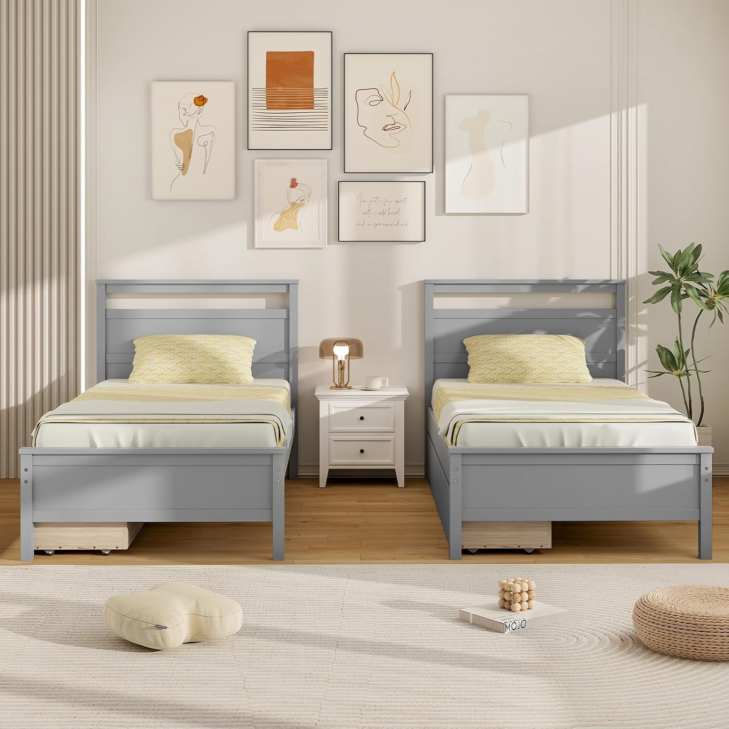 Giantex Wood Twin Bed with 2 Storage Drawers, Solid Wood Platform Bed with Headboard, Single Bed Wooden Slats Support, No Spring Needed, Twin Bed Frame for Kids, Teens, Adults (Grey)