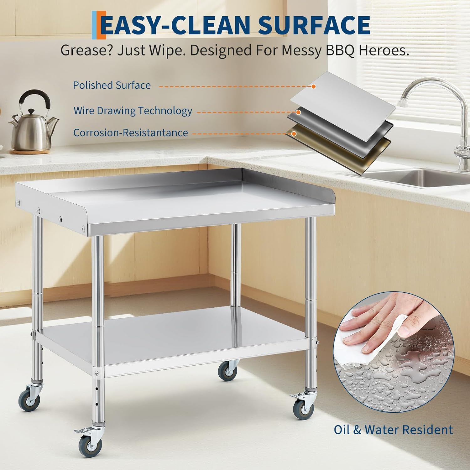 GarveeTech Stainless Steel Grill Stand Table - 36x30x30 Inches, 660 LBS Heavy-Duty Capacity, NSF Certified, with Movable Wheels & 2' Edge Baffle for Home, Commercial Restaurant Kitchen, Hotel