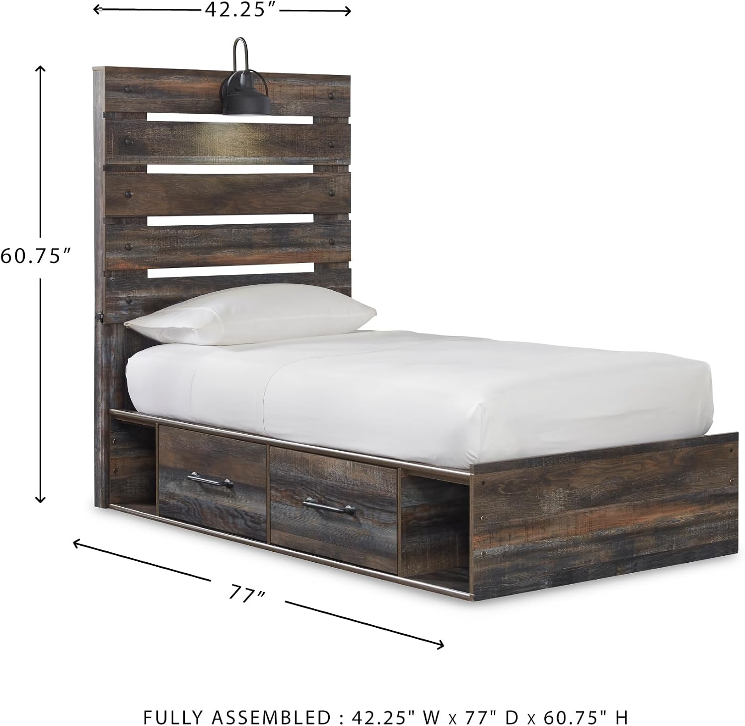 Signature Design by Ashley Drystan Rustic Twin Panel Platform Bed with 2 Storage Drawers, Open Cubbies, Sconce LED Light and USB Ports, Foundation or Box Spring Not Needed, Dark Brown & Gray