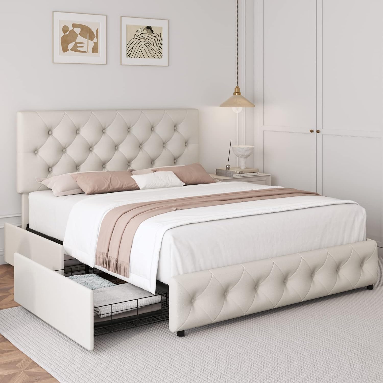 TTVIEW Full Size Bed Frame with 4 Storage Drawers and Adjustable Headboard, Upholstered Platform Bed with Button Tufted Design, Strong Wooden Slats Support, No Box Spring Needed, Fabric, Cream