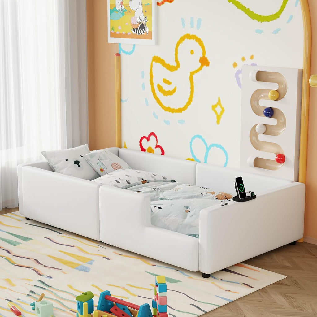 VilroCaz Twin Size Upholstered Platform Bed with Safety Guardrail, Montessori Kids Floor Bed, Child Grounded Bed with Charging Station and Sturdy Slats Support