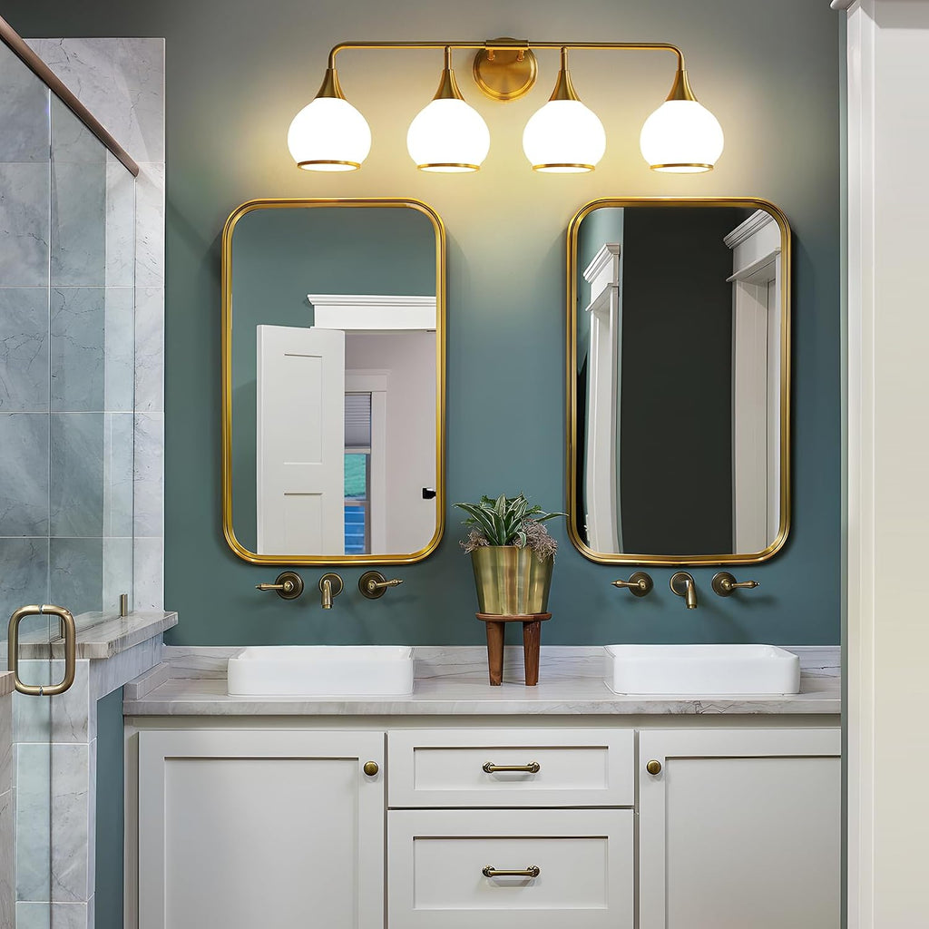 Brass Gold Bathroom Light Fixtures 4-ights Vanity Lights with Milky White Frosted Glass Shade Bathroom Vanity Light 30.7 inch Wall Sconce Lighting Bath(Exclude E26 Bulb)