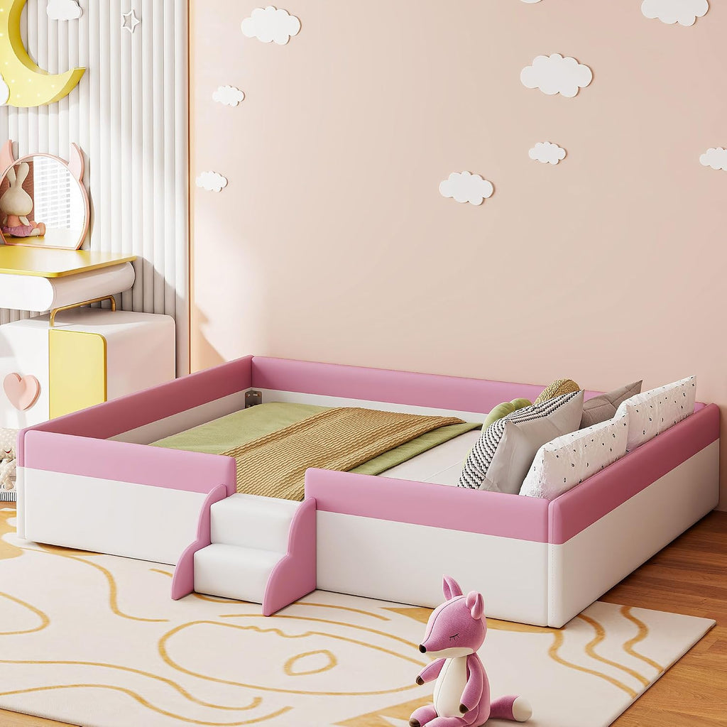 VilroCaz King Size Upholstered Daybed Frame with Fence and Stairs, Montessori Kids Floor Bed with Sturdy Slat Support for Kids Boys Girls
