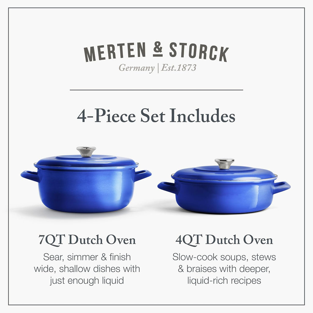 Merten & Storck 3.7QT & 5.5QT Dutch Ovens with Lids, 4 Piece Cookware Set, European Crafted Enameled Iron Stockpot, Induction & All Cooktops, Braising, Stews, Roasting, Slow Cooking, Sourdough, Cobalt Blue