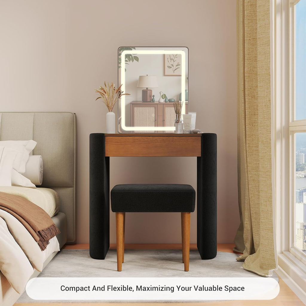 Small Makeup Vanity Desk with Lighted Mirror - Solid Wood Compact Bedroom Make Up Dressing Table with Adjustable Brightness Mirror & Drawer & Chair, Easy Assembly Classic Modern Set, Black