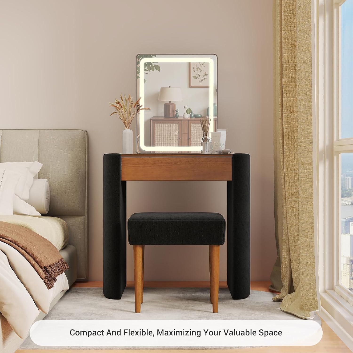 Small Makeup Vanity Desk with Lighted Mirror - Solid Wood Compact Bedroom Make Up Dressing Table with Adjustable Brightness Mirror & Drawer & Chair, Easy Assembly Classic Modern Set, Black