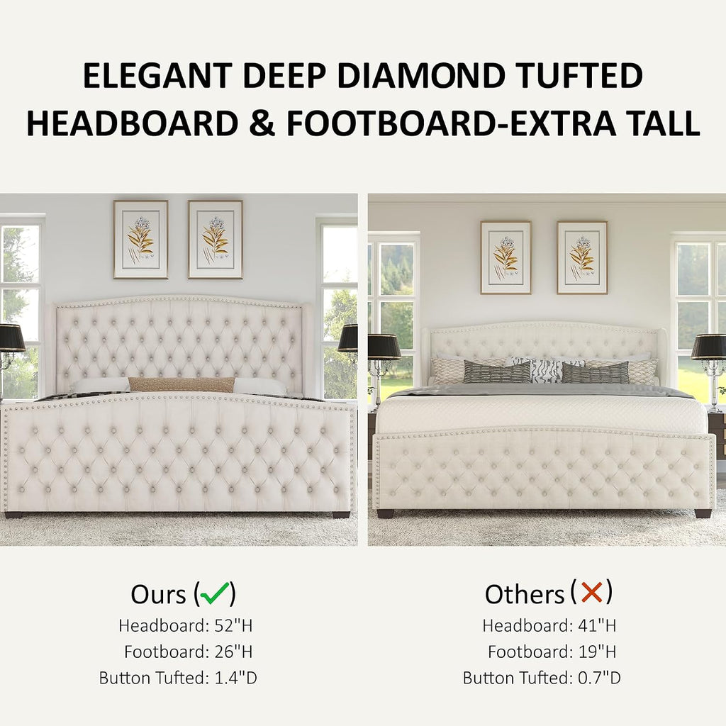 AMERLIFE California King Size Platform Bed Frame, Velvet Upholstered Bed with Deep Button Tufted & Nailhead Trim Wingback Headboard/No Box Spring Needed, Cream