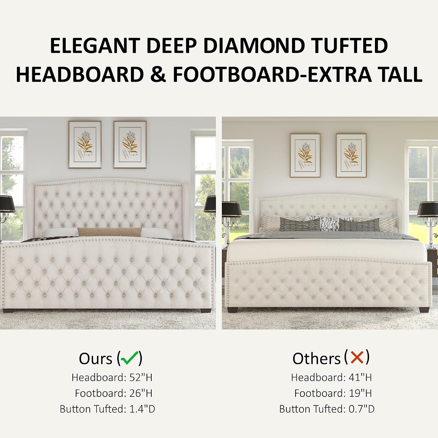 AMERLIFE California King Size Platform Bed Frame, Velvet Upholstered Bed with Deep Button Tufted & Nailhead Trim Wingback Headboard/No Box Spring Needed, Cream