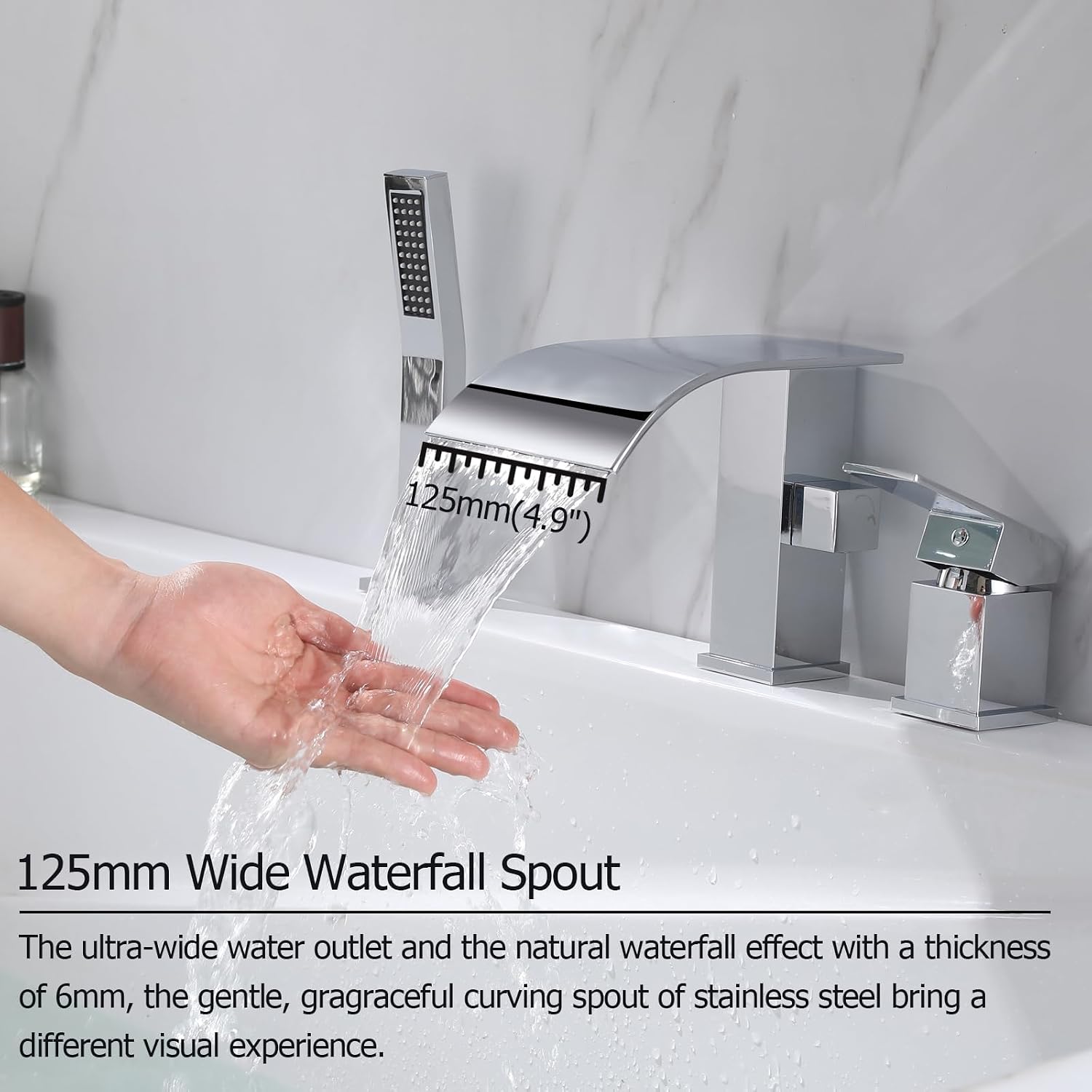 Waterfall Roman Tub Faucet with Hand Shower, Deck Mount Tub Filler Bathtub Faucet with Sprayer, Single Handle Bathtub Faucet Set, Brass Widespread 3 Hole Bathtub Shower Faucet Set, Chrome