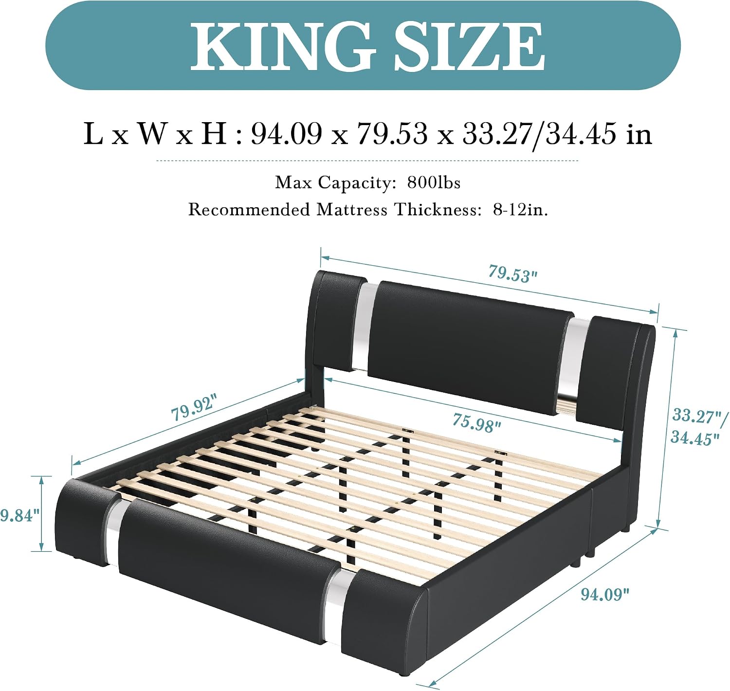HOOMIC Modern King Faux Leather Bed Frame with Iron Pieces Decor, Low Profile Platform Bed with Height-Adjustable Headboard, Solid Wood Slat Support, No Box Spring Needed, Black