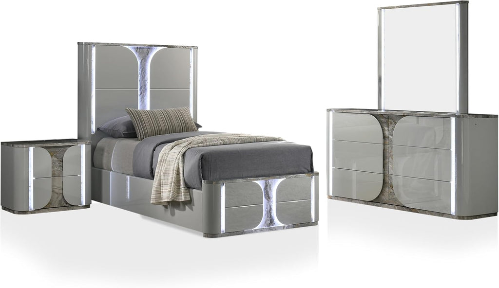 Furniture of America Bruna Modern Wood 4-Piece Bedroom Set with Touch-Control LED Bed, Felt-Lined Top Drawer and LED on Nightstand and Dresser with Mirror, No Box Spring Needed, Twin, Light Gray