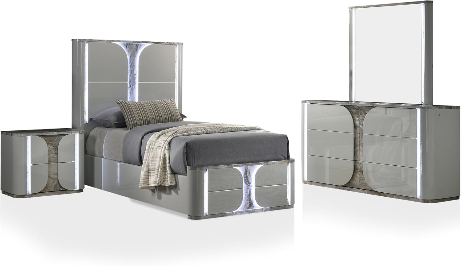 Furniture of America Bruna Modern Wood 4-Piece Bedroom Set with Touch-Control LED Bed, Felt-Lined Top Drawer and LED on Nightstand and Dresser with Mirror, No Box Spring Needed, Twin, Light Gray