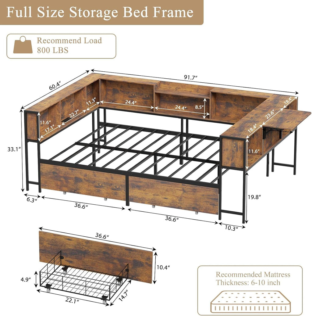 Full Corner Bed Frame with Storage Bookcase and Desktop, Daybed with Charging Station & 2 Storage Drawers, Full Size U-Shaped Metal Platform Bed for Teen & Kids, Bedroom, Living Room, Vintage Brown