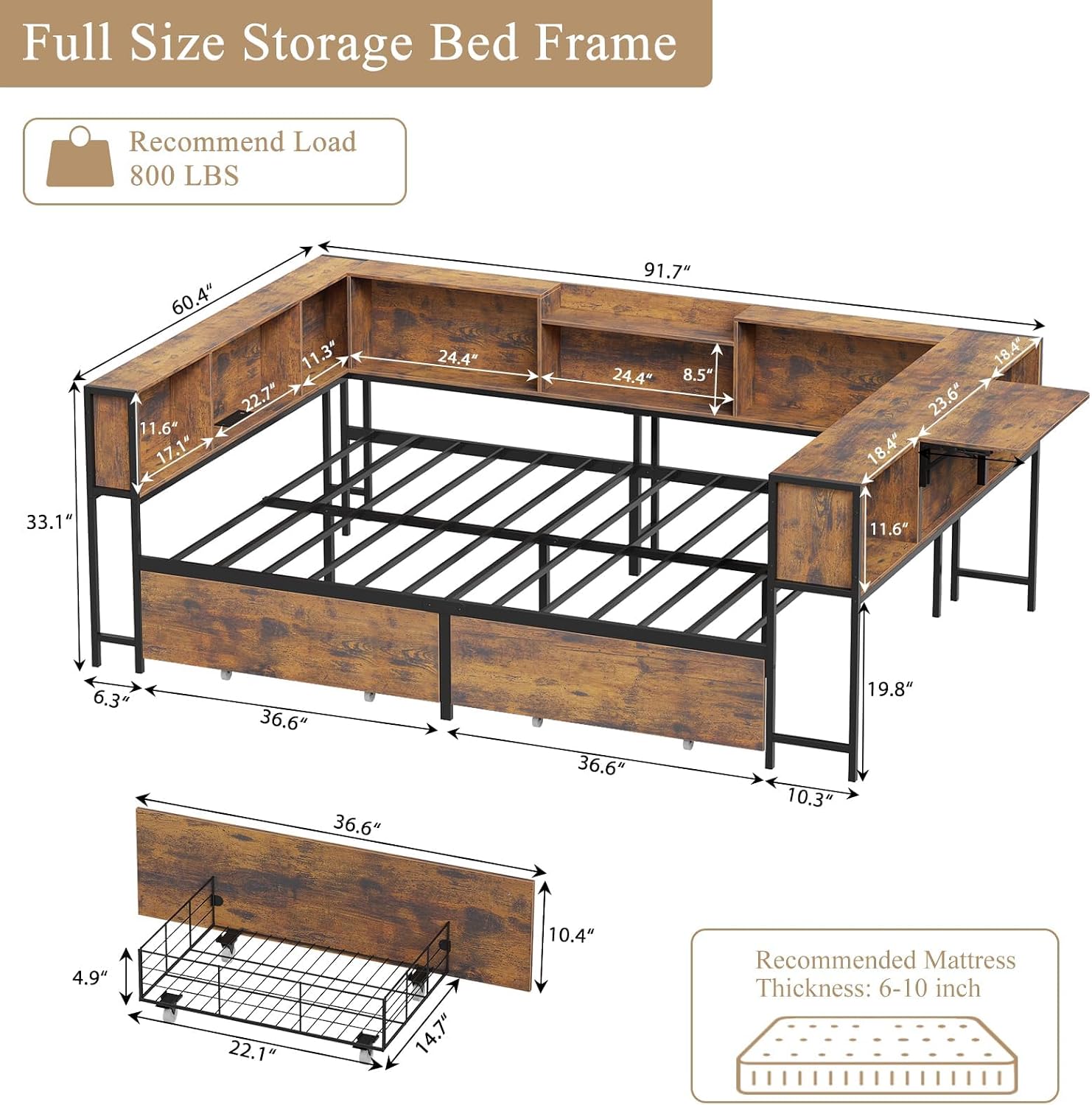 Full Corner Bed Frame with Storage Bookcase and Desktop, Daybed with Charging Station & 2 Storage Drawers, Full Size U-Shaped Metal Platform Bed for Teen & Kids, Bedroom, Living Room, Vintage Brown