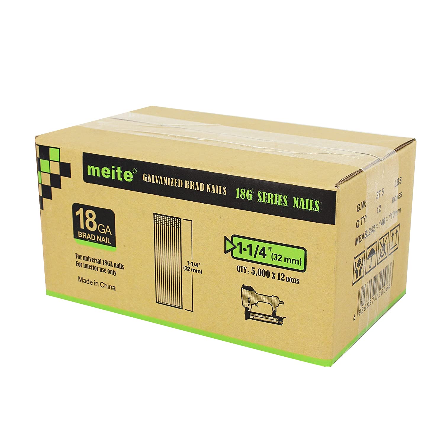 meite F32 Brad Nails, 18 Gauge 1-1/4 Inch Galvanized Brad Nail for Pneumatic, Electric Brad Nailer Gun (1 Case - 12 Boxes)