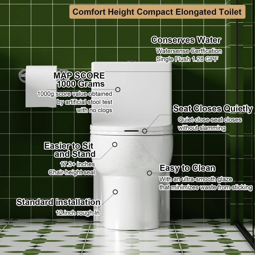Elongated One Piece Toilet with ADA Comfort Height, Seat Chair Height 17.3' Modern Toilet for Bathroom, Dual Flush 0.8/1.6 GPF, MAP 1000g, 12' Rough-In, Soft Closing Seat, Glossy White