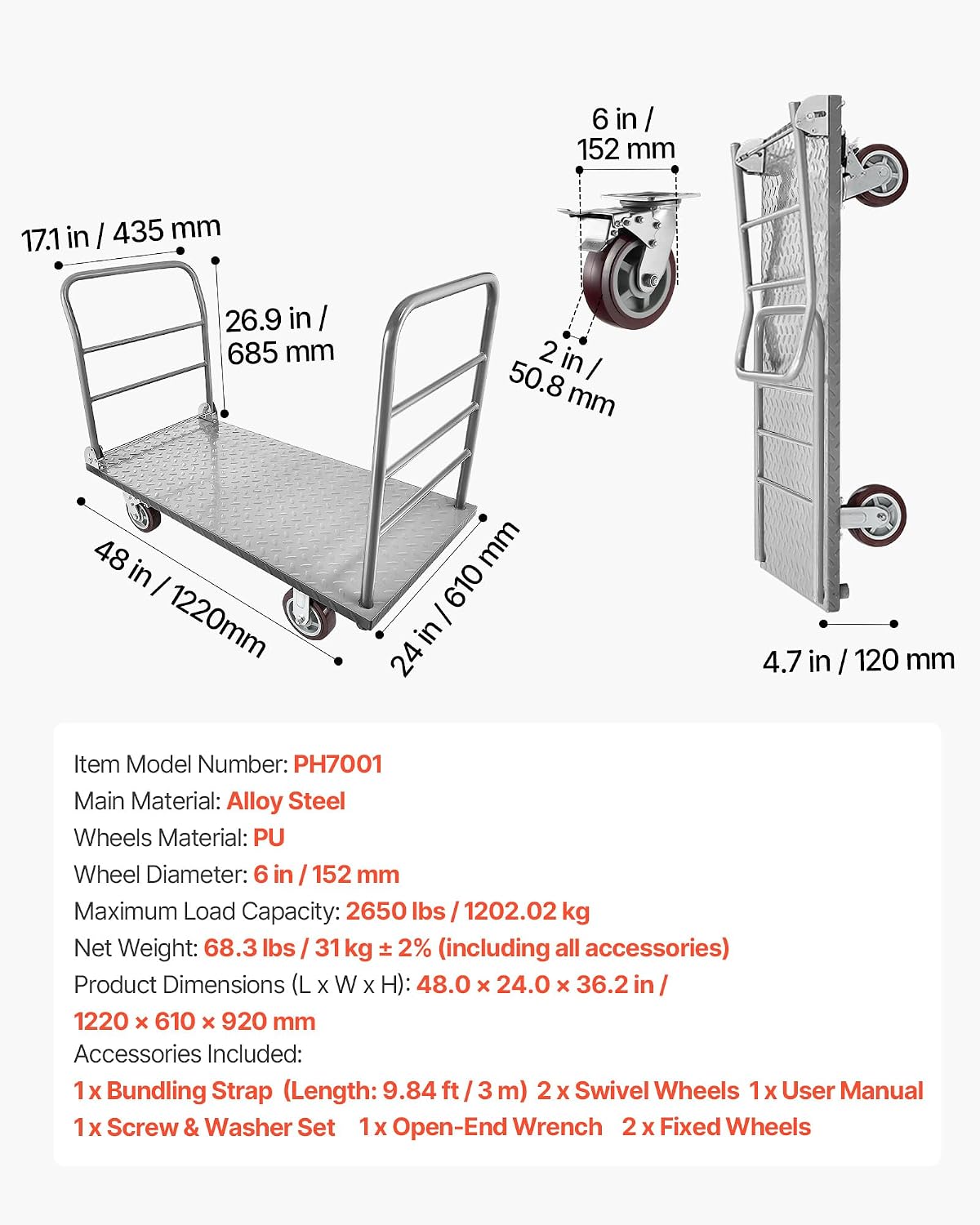 VEVOR 2 in 1Platform Truck, 2650 LBS Heavy Duty Flatbed Cart Dolly with Detachable Rear Guardrail and Swivel Wheels, Foldable Hand Push Truck Cart for Groceries, Garage, Warehouse (48'×24')