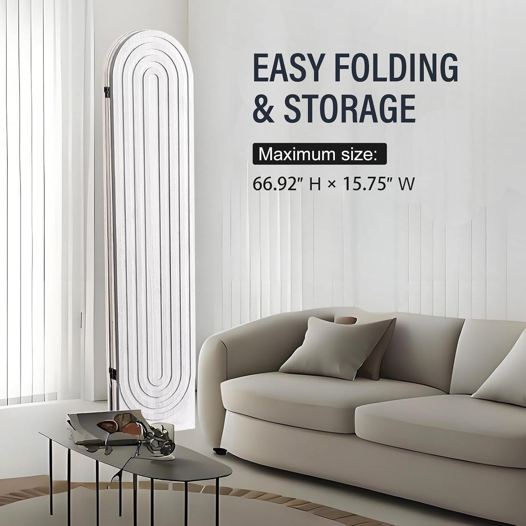 4 Panel Room Divider and Folding Privacy Screen, Foldable Wood Arched Room Divider Wall, Portable Partition Screen, Room Partition Divider for Room Separation for Home Office Bedroom, White