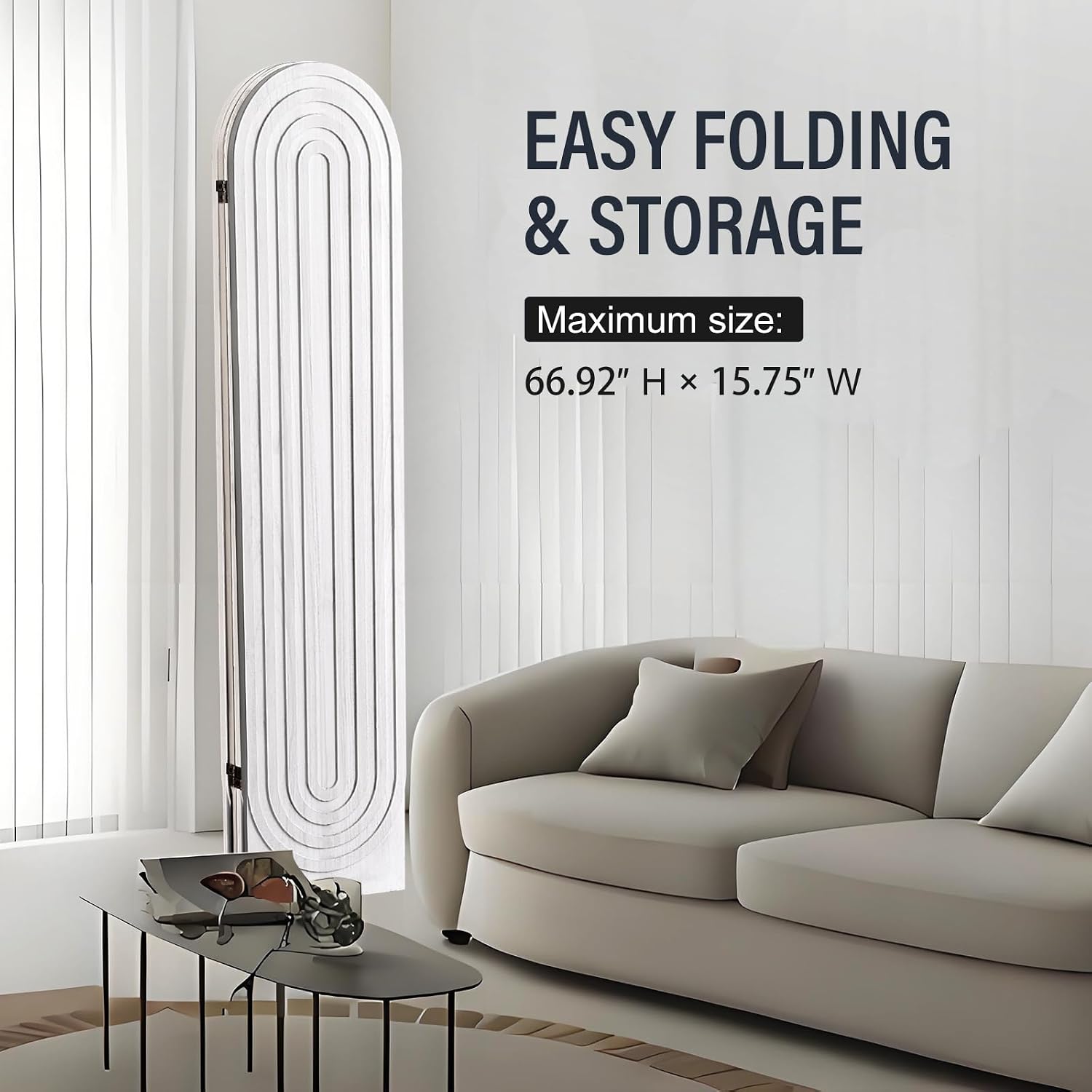 4 Panel Room Divider and Folding Privacy Screen, Foldable Wood Arched Room Divider Wall, Portable Partition Screen, Room Partition Divider for Room Separation for Home Office Bedroom, White
