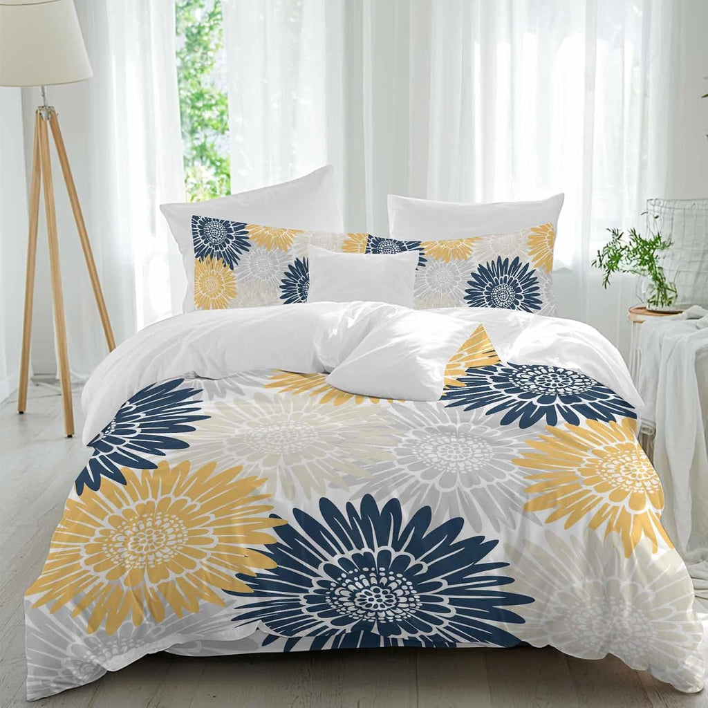 Navy Blue Gray Yellow Sunflowers Duvet Cover Set Queen Size 4 Pieces Abstract Blooming Floral Bedding Set with Zipper Closure, 1 Comforter Cover 92x106 Inches 1 Flat Sheet & 2 Pillow Cases