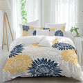 Navy Blue Gray Yellow Sunflowers Duvet Cover Set Queen Size 4 Pieces Abstract Blooming Floral Bedding Set with Zipper Closure, 1 Comforter Cover 92x106 Inches 1 Flat Sheet & 2 Pillow Cases