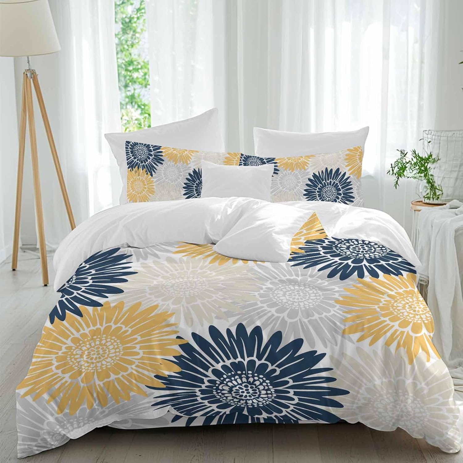 Navy Blue Gray Yellow Sunflowers Duvet Cover Set Queen Size 4 Pieces Abstract Blooming Floral Bedding Set with Zipper Closure, 1 Comforter Cover 92x106 Inches 1 Flat Sheet & 2 Pillow Cases